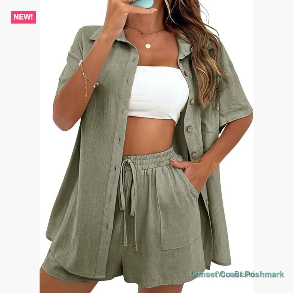 Cotton Linen Short Sets Two Piece Outfits Lounge Beach Vacation